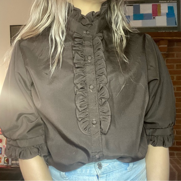Vintage Tops - Vintage 1970s Ruffle Frill Victorian Collar Neck Short Sleeve Chocolate …